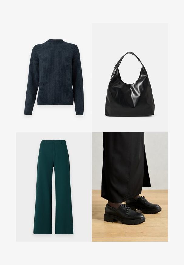 Suéter de canalé de color azul oscuro con mangas largas, cuello redondo y un diseño de punto texturizado. Presenta un ajuste holgado y sin acentos visibles.; Pantalones de pierna amplia en tela de color verde oscuro. Presentan una cintura alta, pliegues frontales y trabillas para el cinturón. Textura suave y diseño a medida.; Zapatos de cuero negro con punta redondeada, suela de goma gruesa y cordones. El diseño presenta un bordado decorativo a lo largo de la parte superior.; Bolso hobo de cuero negro con una textura suave y brillante y un diseño de parte superior redondeada y abierta. Cuenta con una amplia correa curvada para llevar. Sin hardware visible.