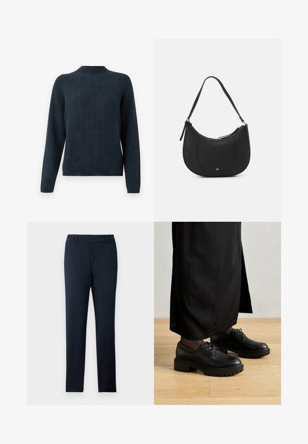 Suéter de canalé de color azul oscuro con mangas largas, cuello redondo y un diseño de punto texturizado. Presenta un ajuste holgado y sin acentos visibles.; Pantalones azul marino hechos de una suave tela elástica. Presentan un diseño de frente plano, presillas para cinturón y un corte delgado y entallado.; Zapatos de cuero negro con punta redondeada, suela de goma gruesa y cordones. El diseño presenta un bordado decorativo a lo largo de la parte superior.; Bolso de mano de cuero negro con forma curva, superficie texturizada, costuras frontales y un logo en tono dorado. Cuenta con una sola correa ajustable.