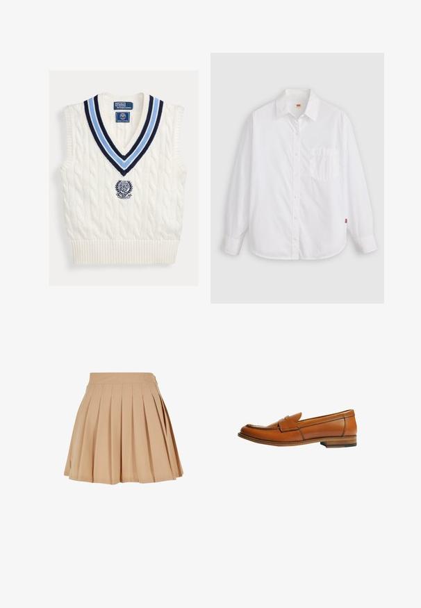 Chaleco sin mangas blanco de punto con cuello en V a rayas azules y logotipo de Polo Ralph Lauren Wimbledon en el pecho.; Camisa blanca de manga larga con botones, cuello y bolsillo en el pecho izquierdo, mostrada plana sobre un fondo claro.; Falda mini de tabla beige con cintura alta y un sutil logo bordado en el lado derecho de la cintura.; Mocasín de cuero marrón con tacón plano, punta redonda y una correa decorativa a través del empeine. Textura lisa con detalle de costura en contraste.