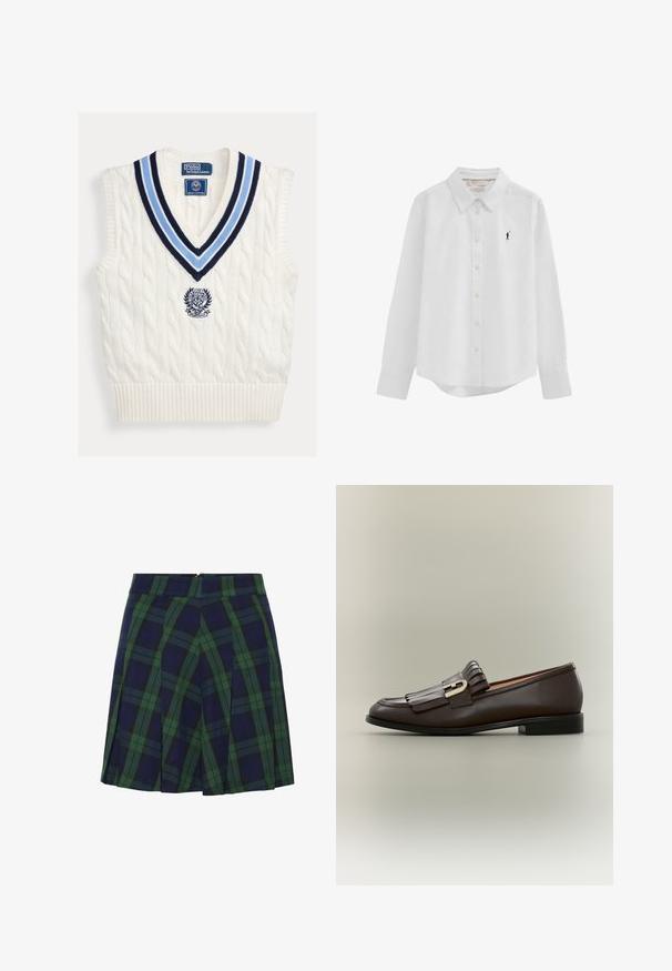 Wit kabelgebreid mouwloos trui-vest met blauw gestreepte V-hals en Polo Ralph Lauren Wimbledon-logo op de borst.; Witte blouse met lange mouwen, knopen en kraag, met een klein zwart geborduurd logo van een polo-speler op de linkerborst.; Marineblauwe en groene geplooide rok met een tartan patroon en een ritssluiting aan de achterkant.; Donkerbruine leren loafer met franje-detail en gouden gesp op een neutrale achtergrond, zijaanzicht.