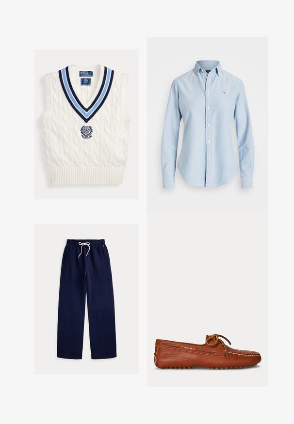Wit kabelgebreid mouwloos trui-vest met blauw gestreepte V-hals en Polo Ralph Lauren Wimbledon-logo op de borst.; Lichtblauw overhemd van katoen, met lange mouwen, een puntkraag en een klein geborduurd logo op de linkerborst.; Donkerblauwe sweatpants met brede pijpen, elastische tailleband, wit trekkoord en klein rood geborduurd logo aan de rechterkant.; Bruine leren mocassin met gestikte details en een gestrikte veter op een effen lichte achtergrond, gezien van opzij.