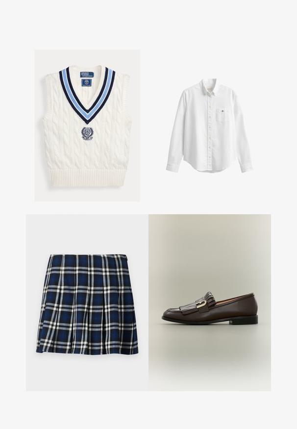 Chaleco sin mangas blanco de punto con cuello en V a rayas azules y logotipo de Polo Ralph Lauren Wimbledon en el pecho.; Camisa blanca de manga larga con botones, cuello y bolsillo en el pecho con pequeño logo bordado sobre un fondo liso.; Falda corta de cuadros en colores azul marino, negro y blanco. Con pliegues y una textura suave. Cierre de cremallera en el lateral.; Mocasín de cuero marrón oscuro con detalle de flecos y hebilla dorada sobre un fondo neutro, vista lateral.