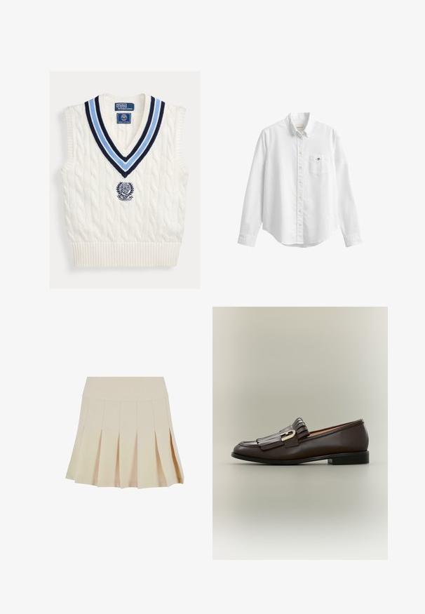 Wit kabelgebreid mouwloos trui-vest met blauw gestreepte V-hals en Polo Ralph Lauren Wimbledon-logo op de borst.; Witte blouse met lange mouwen, knopen, kraag en borstzak met een klein geborduurd logo op een effen achtergrond.; Beige geplisseerde rok met een aangesloten tailleband, gemaakt van een gladde stof. Kenmerkt zich door meerdere verticale plooien en een rechte zoom.; Donkerbruine leren loafer met franje-detail en gouden gesp op een neutrale achtergrond, zijaanzicht.