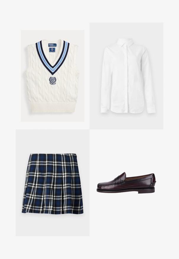 Gilet sans manches en maille torsadée blanche avec col en V rayé bleu et logo Polo Ralph Lauren Wimbledon sur la poitrine.; Chemise blanche à manches longues en coton lisse. Présente un col classique et un devant à boutons avec un ourlet droit et sans motifs.; Jupe mini à carreaux avec des couleurs marine, noire et blanche. Dotée de plis et d'une texture lisse. Fermeture éclair sur le côté.; Mocassin en cuir marron avec une finition lisse, des détails de couture sur le dessus, et un petit talon empilé. Design classique à enfiler avec un embout arrondi.