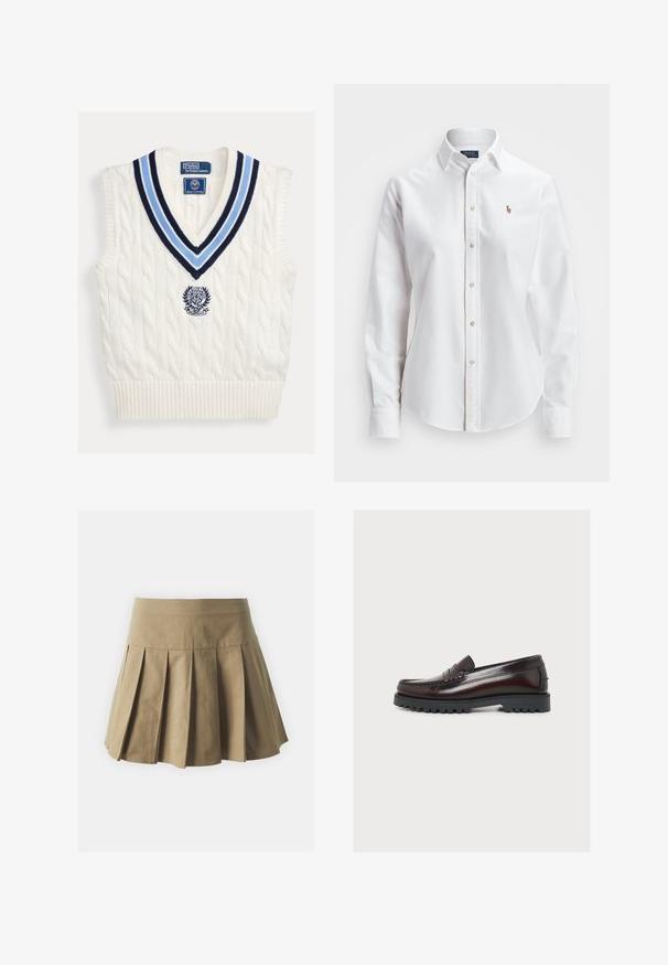 Valge soonikkoes varrukateta kampsunisärk sinise triibulise V-kaeluse ja rinnal asuva Polo Ralph Laureni Wimbledon'i logoga.; Valge pikakä sleevesed nööbitav särk, mis on valmistatud puuvillast, klassikalise krae ja väikese tikitud logoga rinnal.; Khaki voltidega seelik, millel on sobituv vöökoht, valmistatud puuvillast kangast, millel on ühtlane tekstuur ja laiendatud, lühike disain.; Tumepruun nahast loafer paksu musta kummipõhjaga ja moc toe õmblusega, näidatud välisküljelt heleda tausta peal.