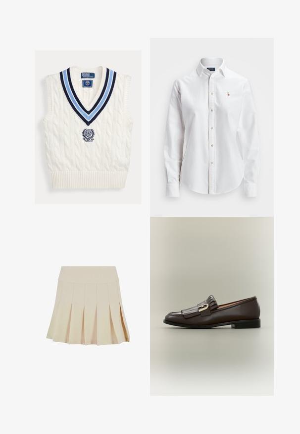 Biely pletený bezrukávový sveter bez rukávov s modrým pruhovaným výstrihom do V a logom Polo Ralph Lauren Wimbledon na hrudi.; Biela košeľa s dlhými rukávmi a gombíkmi vyrobená z bavlny, s klasickým golierom a malým vyšitým logom na hrudi.; Bežová plisovaná sukňa s priliehavým pásom, vyrobená z hladkej tkaniny. Má niekoľko vertikálnych plisovaní a rovný lem.; Tmavohnedý kožený mokasín s detailom strapcov a zlatou prackou na neutrálneho pozadí, bočný pohľad.