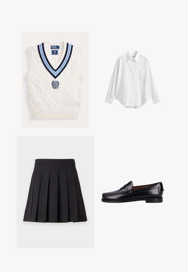 Chaleco sin mangas blanco de punto con cuello en V a rayas azules y logotipo de Polo Ralph Lauren Wimbledon en el pecho.; Camisa blanca de manga larga con botones, cuello y bolsillo delantero en el pecho, mostrada contra un fondo blanco liso.; Falda plisada negra con cinturilla plana. Hecha de una tela suave, presenta pliegues verticales uniformes y un dobladillo recto. Sin cierres visibles.; Mocasines de cuero negro con un acabado suave, puntera redondeada, costura decorativa y un tacón bajo. El diseño es minimalista sin herrajes visibles.