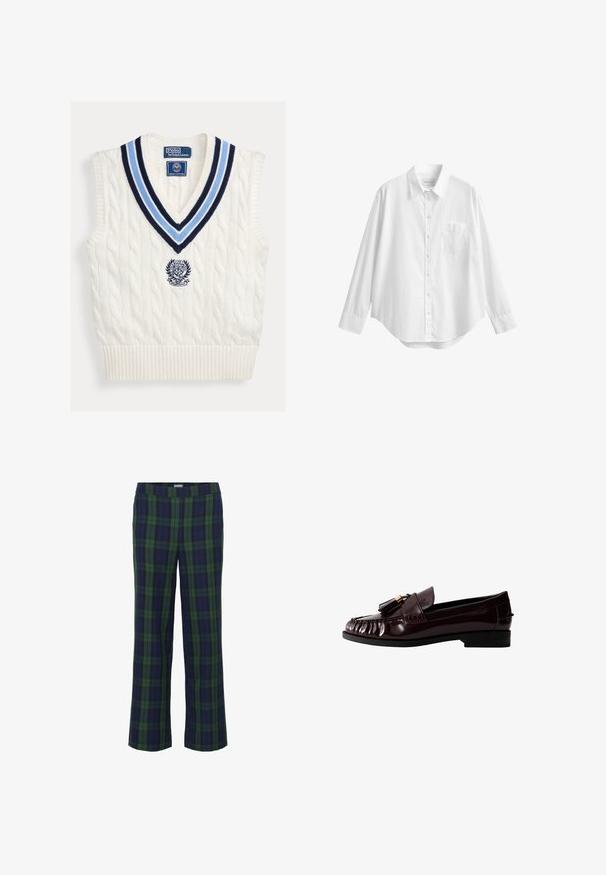 Chaleco sin mangas blanco de punto con cuello en V a rayas azules y logotipo de Polo Ralph Lauren Wimbledon en el pecho.; Camisa blanca de manga larga con botones, cuello y bolsillo delantero en el pecho, mostrada contra un fondo blanco liso.; Pantalones a rayas en verde y azul marino con un diseño de pierna recta y una cintura elástica. La tela tiene una textura suave y presenta un clásico patrón de cuadros.; Mocasín de charol burdeos con tacón bajo, con un diseño plisado y detalle de borlas en el empeine. Textura suave, forma clásica.