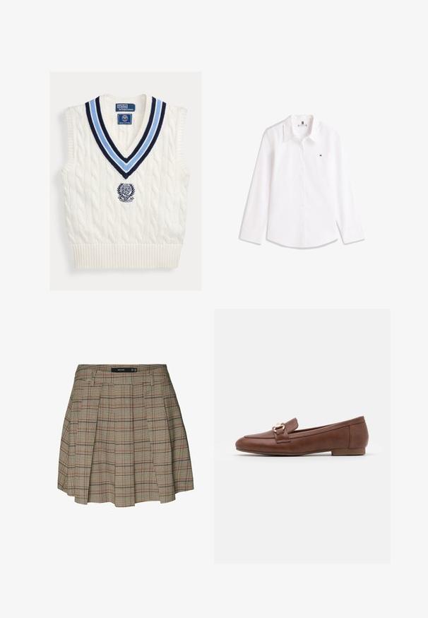 Gilet sans manches en maille torsadée blanche avec col en V rayé bleu et logo Polo Ralph Lauren Wimbledon sur la poitrine.; Chemise blanche à manches longues, boutonnée, avec col et petit logo brodé sur la poitrine gauche.; Vero Moda VMELLIE Mid waist Mini - Jupe trapèze - silver mink; Mocassins en cuir marron avec une semelle plate, un design surpiqué et un détail de boucle en ton doré sur la bride à travers le coup de pied.