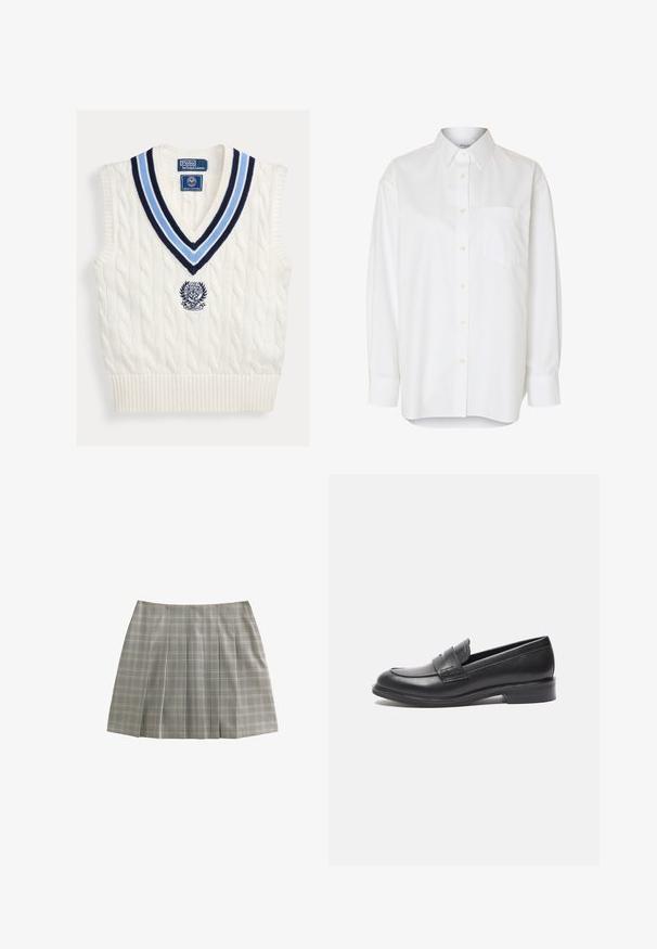 Chaleco sin mangas blanco de punto con cuello en V a rayas azules y logotipo de Polo Ralph Lauren Wimbledon en el pecho.; Camisa blanca de manga larga con botones, cuello puntiagudo y bolsillo en el pecho, mostrada sobre un fondo liso.; Falda plisada de cuadros grises con sutiles líneas finas en negro, blanco y marrón, colocada horizontalmente sobre un fondo blanco.; Mocasines de cuero negro con un acabado suave, punta redondeada y detalle de costura lateral. Presentan un tacón bajo y rectangular.
