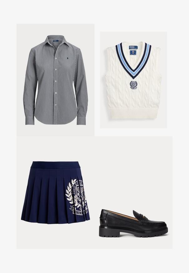 Hvid kabelstrikket ærmeløs sweatervest med blåstribet V-hals og Polo Ralph Lauren Wimbledon-logo på brystet.; Stribet skjorte med knapper, der har lodrette marineblå og hvide striber, lange ærmer, spidse kraver og et lille logo på brystet.; Marineblå plisseret nederdel med bred linning og hvid tennisinspireret logo på nederste højre side.; Sort læderloafer med grov rillede såler, lav hæl og dekorativ rem over fronten.