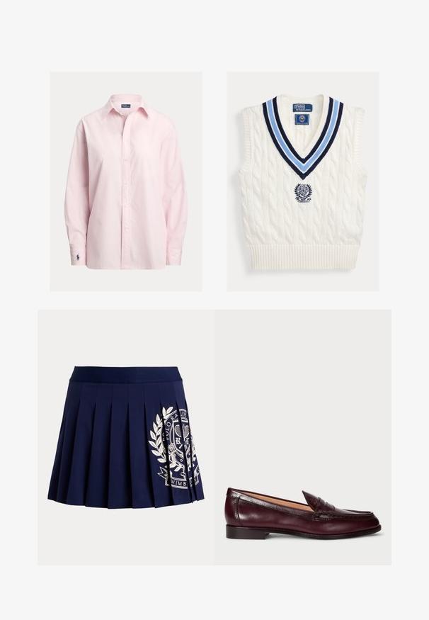 Biely pletený bezrukávový sveter bez rukávov s modrým pruhovaným výstrihom do V a logom Polo Ralph Lauren Wimbledon na hrudi.; Svetloružová košeľa na zapínanie z hladkej bavlnenej zmesi s klasickým golierom, dlhými rukávmi a malým vyšívaným logom na manžete.; Tmavomodrá plisovaná sukňa so širokým pásom a bielym tenisovým erbom na spodnej pravej strane.; Bordové kožené mokasíny s hladkým povrchom, okrúhlou špičkou, dekoračným prešívaním a nízkym opätkom. Interiér má mäkké béžové podšívkové.