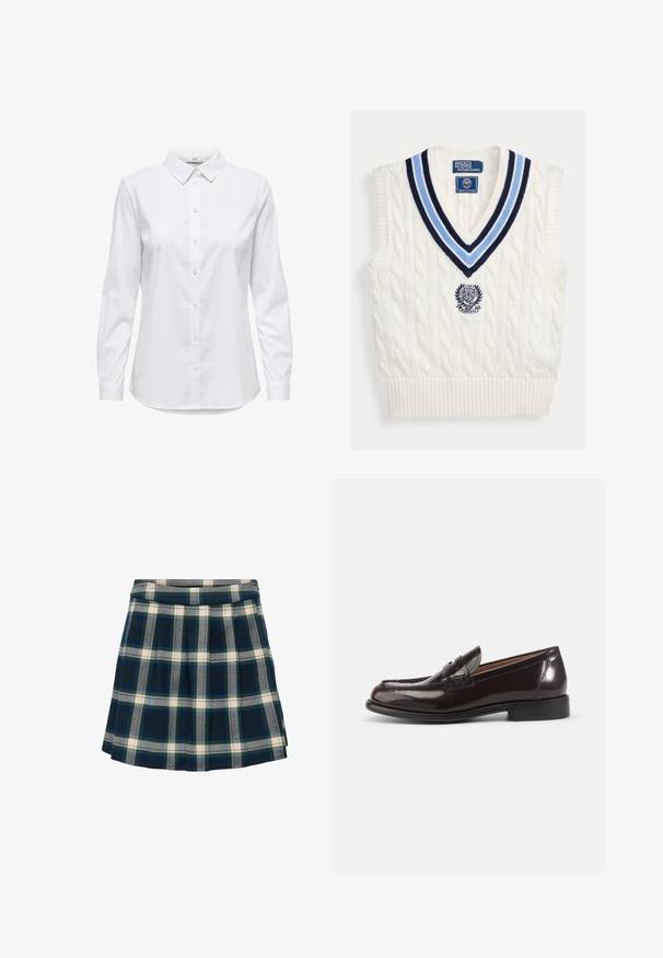 Gilet sans manches en maille torsadée blanche avec col en V rayé bleu et logo Polo Ralph Lauren Wimbledon sur la poitrine.; Chemise blanche à manches longues, dotée d'un col structuré et d'un ourlet arrondi. Fabriquée à partir d'un tissu lisse et uni, sans motifs ni accents visibles.; Jupe à carreaux dans des tons marine, vert et crème ; design plissé avec une taille lisse, fabriquée dans un tissu qui semble doux et texturé.; Mocassin penny pour homme en cuir brun foncé poli avec talon bas et détails cousus sur fond blanc.