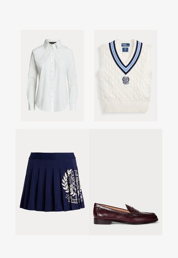 Gilet sans manches en maille torsadée blanche avec col en V rayé bleu et logo Polo Ralph Lauren Wimbledon sur la poitrine.; Chemise blanche à manches longues avec col pointu, boutons sur le devant et ourlet légèrement incurvé.; Jupe plissée bleu marine avec une large ceinture et un logo blanc à thème tennis sur le bas à droite.; Mocassins en cuir bordeaux avec une finition lisse, un bout arrondi, des coutures décoratives et un talon bas. L'intérieur est doté d'une douce doublure beige.
