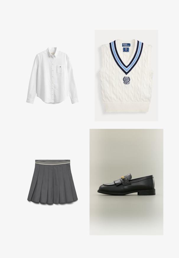 Gilet sans manches en maille torsadée blanche avec col en V rayé bleu et logo Polo Ralph Lauren Wimbledon sur la poitrine.; Chemise blanche à manches longues boutonnée avec col et poche poitrine avec un petit logo brodé sur fond uni.; Jupe plissée grise foncée avec une taille élastique rayée dans des nuances claires et foncées, posée à plat sur un fond blanc.; Mocassin en cuir noir avec détail de franges et emblème doré sur un fond neutre, vu de profil.