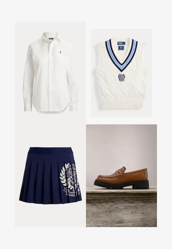 Biely pletený bezrukávový sveter bez rukávov s modrým pruhovaným výstrihom do V a logom Polo Ralph Lauren Wimbledon na hrudi.; Biela košeľa s dlhými rukávmi na gombíky, s golierom a malým modrým logom hráča póla na ľavej strane hrudníka.; Tmavomodrá plisovaná sukňa so širokým pásom a bielym tenisovým erbom na spodnej pravej strane.; Hnedá kožená mokasína s hrubou čiernou podrážkou nad dreveným povrchom, v pozadí vysoká zelená tráva.