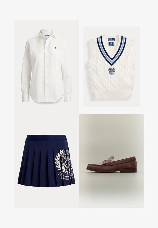 Valge soonikkoes varrukateta kampsunisärk sinise triibulise V-kaeluse ja rinnal asuva Polo Ralph Laureni Wimbledon'i logoga.; Valge pika varrukaga nööbitav triiksärk, krae ja väikese sinise polomängija logoga vasakul rinnal.; Tumesinine voltidega seelik laia vöökohaga ja valge tenniseteemalise vapilogo paremal allosas.; Pruunis nahast meeste mokassiin musta tallaga ja dekoratiivse rihmakujundusega, nähtav külgprofiilis neutraalsel taustal.
