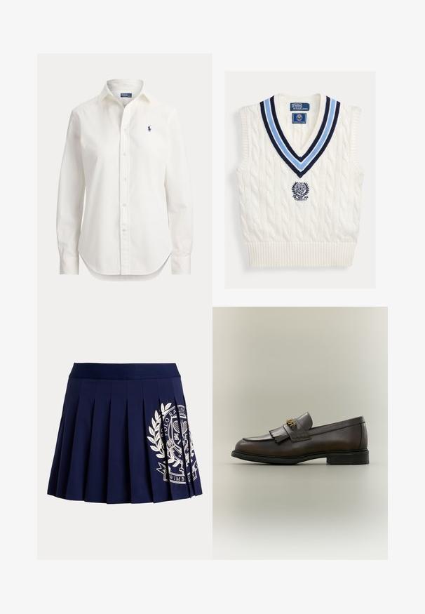 Biely pletený bezrukávový sveter bez rukávov s modrým pruhovaným výstrihom do V a logom Polo Ralph Lauren Wimbledon na hrudi.; Biela košeľa s dlhými rukávmi na gombíky, s golierom a malým modrým logom hráča póla na ľavej strane hrudníka.; Tmavomodrá plisovaná sukňa so širokým pásom a bielym tenisovým erbom na spodnej pravej strane.; Tmavohnedý kožený mokasín s detailom strapcov a zlatou prackou na čiernej podrážke, zobrazený z boku na neutrálnom pozadí.
