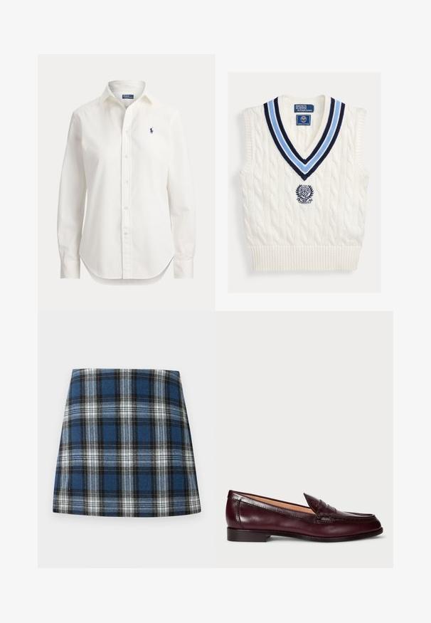 Valge soonikkoes varrukateta kampsunisärk sinise triibulise V-kaeluse ja rinnal asuva Polo Ralph Laureni Wimbledon'i logoga.; Valge pika varrukaga nööbitav triiksärk, krae ja väikese sinise polomängija logoga vasakul rinnal.; Sinine ruuduline seelik, millel on mitmekesine kontrollmustrit sinise, musta ja valge värviga. Valmistatud tekstuurilisest kangast, millel on vormiv siluett.; Burgundi värvi nahast loaferid sileda viimistluse, ümmarguse nina, dekoratiivse õmblusega ja madala kannaäärtega. Interjööril on pehme beež vooder.