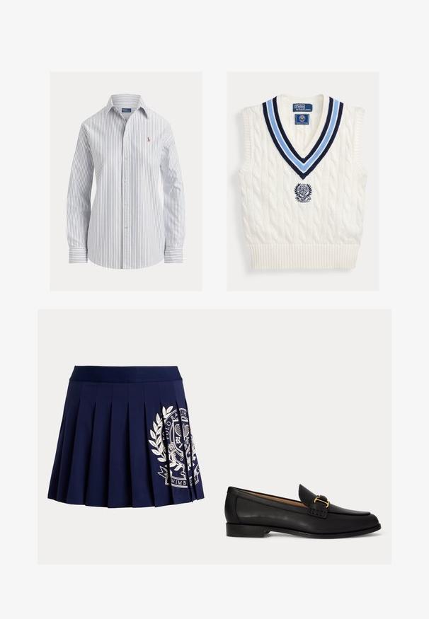 Valge soonikkoes varrukateta kampsunisärk sinise triibulise V-kaeluse ja rinnal asuva Polo Ralph Laureni Wimbledon'i logoga.; Valge nööpidega särk õhukeste vertikaalsete siniste triipudega, pikad varrukad, terava kraega ja väikese tikitud logoga rinnal.; Tumesinine voltidega seelik laia vöökohaga ja valge tenniseteemalise vapilogo paremal allosas.; Mustast nahast madalad kingad väikese kontsaga ja dekoratiivse kuldse pannaliga ees, külje pealt valgel taustal.
