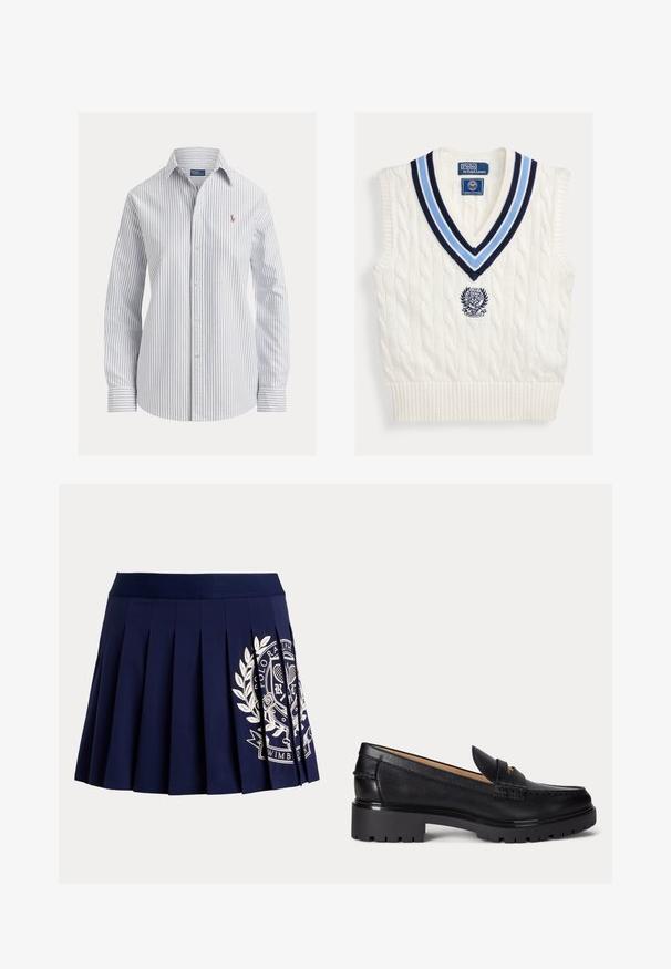 Wit kabelgebreid mouwloos trui-vest met blauw gestreepte V-hals en Polo Ralph Lauren Wimbledon-logo op de borst.; Wit overhemd met knopen, dunne verticale blauwe strepen, lange mouwen, puntige kraag en klein geborduurd logo op de borst.; Marineblauwe geplooide rok met brede tailleband en wit tennis-thema wapenlogo aan de rechteronderkant.; Zwarte leren loafer met dikke profielzool, lage hak en decoratief bandje aan de voorkant.