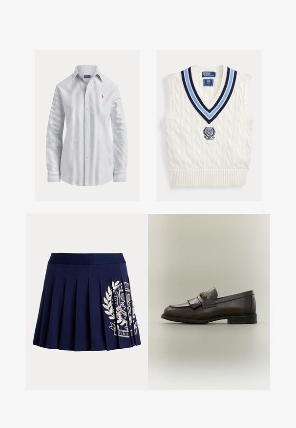 Biely pletený bezrukávový sveter bez rukávov s modrým pruhovaným výstrihom do V a logom Polo Ralph Lauren Wimbledon na hrudi.; Biela košeľa na gombíky s tenkými zvislými modrými pruhmi, dlhými rukávmi, špicatým golierom a malým vyšivaným logom na hrudi.; Tmavomodrá plisovaná sukňa so širokým pásom a bielym tenisovým erbom na spodnej pravej strane.; Tmavohnedý kožený mokasín s detailom strapcov a zlatou prackou na čiernej podrážke, zobrazený z boku na neutrálnom pozadí.