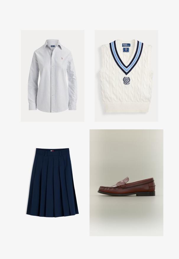 Biely pletený bezrukávový sveter bez rukávov s modrým pruhovaným výstrihom do V a logom Polo Ralph Lauren Wimbledon na hrudi.; Biela košeľa na gombíky s tenkými zvislými modrými pruhmi, dlhými rukávmi, špicatým golierom a malým vyšivaným logom na hrudi.; Tmavomodrá plisovaná sukňa s opaskovými očkami a malou červeno-bielo-modrou logo menovkou v páse, zobrazená na bielom pozadí.; Hnedý kožený mužský mokasín s čiernou podrážkou a dekoratívnym pásikom, zobrazený z bočného profilu na neutrálnom pozadí.
