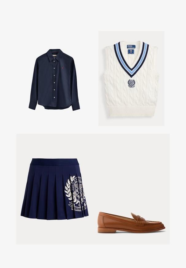 Wit kabelgebreid mouwloos trui-vest met blauw gestreepte V-hals en Polo Ralph Lauren Wimbledon-logo op de borst.; Marineblauw overhemd met lange mouwen, gemaakt van gladde stof. Heeft een puntige kraag, knoopsluiting en een klein rood logo op de borst.; Marineblauwe geplooide rok met brede tailleband en wit tennis-thema wapenlogo aan de rechteronderkant.; Bruine leren loafer met lage houten hak, klassieke pennyriem en gestikte details langs de neus en zijkanten.