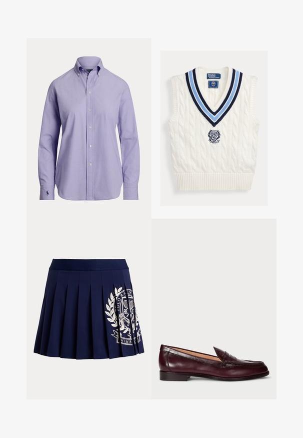 Biely pletený bezrukávový sveter bez rukávov s modrým pruhovaným výstrihom do V a logom Polo Ralph Lauren Wimbledon na hrudi.; Pánska svetlofialová košeľa s dlhým rukávom na gombíky, s gombíkovým golierom a vyšitým logom na ľavom manžete.; Tmavomodrá plisovaná sukňa so širokým pásom a bielym tenisovým erbom na spodnej pravej strane.; Bordové kožené mokasíny s hladkým povrchom, okrúhlou špičkou, dekoračným prešívaním a nízkym opätkom. Interiér má mäkké béžové podšívkové.
