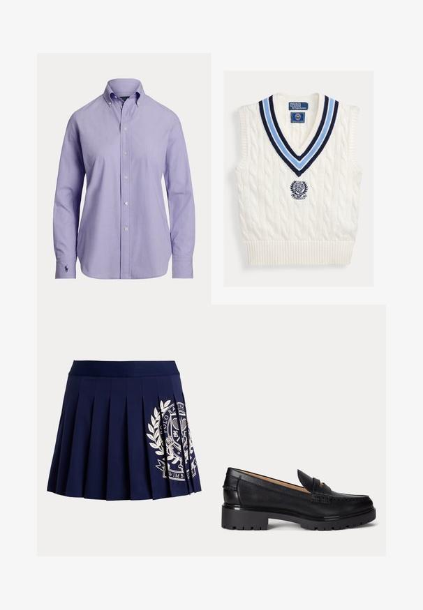 Weißes ärmelloses Strickwest mit Kabelmuster, blau gestreifter V-Ausschnitt und Polo Ralph Lauren Wimbledon-Logo auf der Brust.; Hellviolettes Herren-Langarmhemd mit Knopfleiste, geknöpftem Kragen und gesticktem Logo auf der linken Manschette.; Marineblauer plissierter Rock mit breitem Bund und weißem Tennis-Wappen-Logo auf der unteren rechten Seite.; Schwarzer Lederloafer mit grober profillierter Sohle, niedrigem Absatz und dekorativem Riemen über dem Vorderfuß.