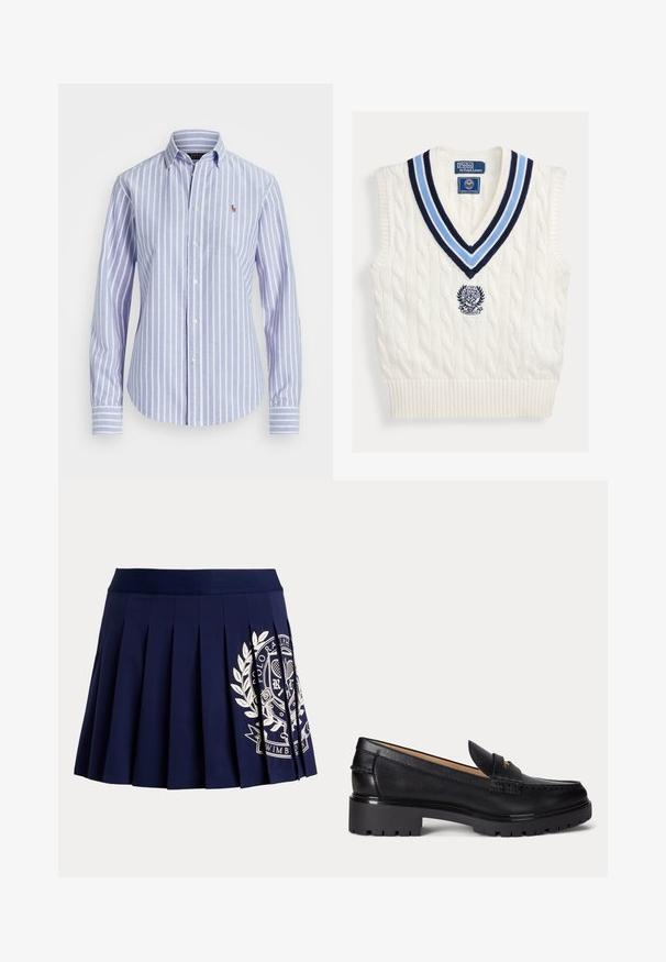 Biely pletený bezrukávový sveter bez rukávov s modrým pruhovaným výstrihom do V a logom Polo Ralph Lauren Wimbledon na hrudi.; Svetlomodrá a biela vertikálne pruhovaná košeľa s dlhým rukávom na gombíky, s golierom a malým vyšívaným logom na hrudi.; Tmavomodrá plisovaná sukňa so širokým pásom a bielym tenisovým erbom na spodnej pravej strane.; Čierny kožený mokasín s hrubou profilovou podrážkou, nízkym podpätkom a dekoratívnym remienkom vpredu.