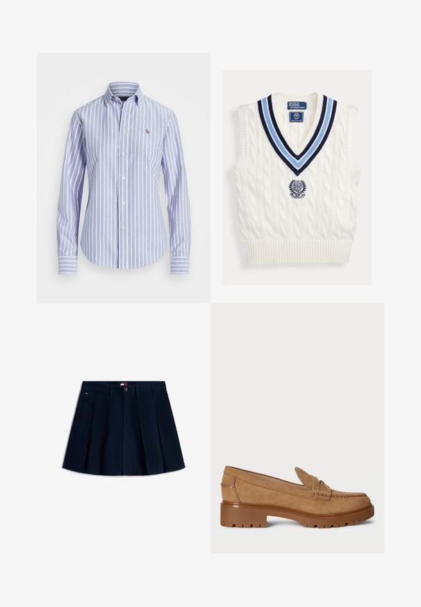 Valge soonikkoes varrukateta kampsunisärk sinise triibulise V-kaeluse ja rinnal asuva Polo Ralph Laureni Wimbledon'i logoga.; Helehallikas sinine ja valge vertikaalsete triipudega pika varrukaga nööbitav särk, millel on krae ja väike tikitud logo rinnal.; Tumesinine plisseeritud mini-seelik esikäepidemete ja luku, vööaasa, küljetaskute ning väikese logoga vasakul puusal.; Pruun nahast lohe, millel on pisut tõstetud kummist välispõhi. Omab õmmeldud detaile varbad ja volditud eesosa, et lisada disaini.