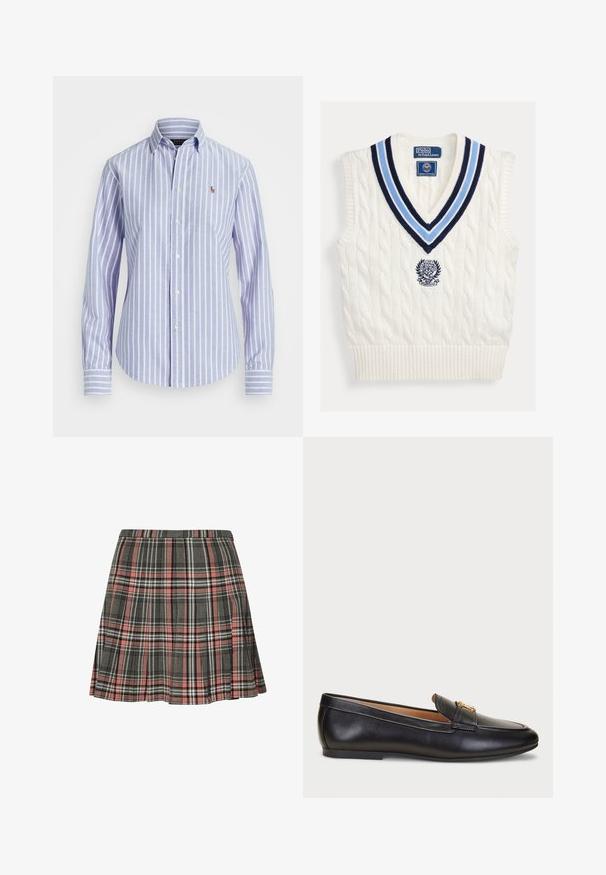 Wit kabelgebreid mouwloos trui-vest met blauw gestreepte V-hals en Polo Ralph Lauren Wimbledon-logo op de borst.; Lichtblauw-wit verticale gestreepte blouse met lange mouwen, knopen, kraag en klein geborduurd logo op de borst.; Geruite rok in grijs en roze, met een geplooid ontwerp met zwarte en witte accenten. Gemaakt van geweven stof, tot halverwege de dij.; Lauren Ralph Lauren AVERI III BURNISHED LEATHER LOAFER - Instappers - black