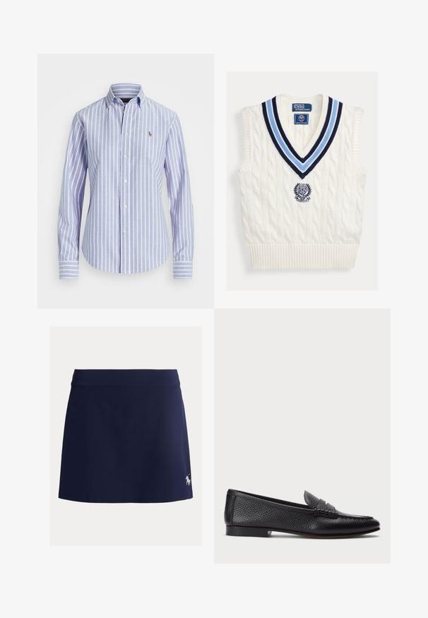 Biely pletený bezrukávový sveter bez rukávov s modrým pruhovaným výstrihom do V a logom Polo Ralph Lauren Wimbledon na hrudi.; Svetlomodrá a biela vertikálne pruhovaná košeľa s dlhým rukávom na gombíky, s golierom a malým vyšívaným logom na hrudi.; Tmavomodrá skortová sukňa vyrobená z elastickej tkaniny, s širokým pásom a malým bielym logom koňa na spodnej ľavej strane.; Čierne kožené loafers s textúrovaným povrchom, vybavené dekoratívnym pásikom a plochým podpätkom. Elegatný, minimalistický dizajn s okrúhlou špičkou.
