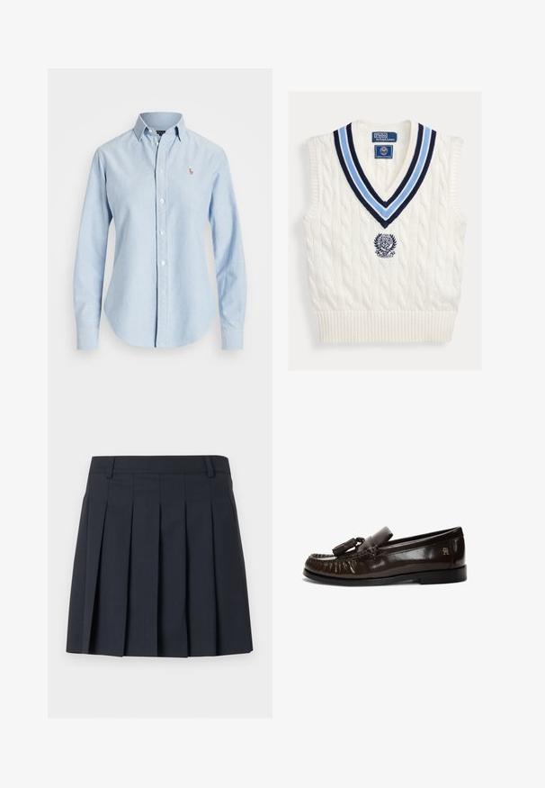 Biely pletený bezrukávový sveter bez rukávov s modrým pruhovaným výstrihom do V a logom Polo Ralph Lauren Wimbledon na hrudi.; Svetlomodrá košeľa s dlhými rukávmi, gombíkmi, golierom a malým vyšívaným logom na ľavej strane hrude.; Tmavomodrá plisovaná sukňa s plochým pásom, vyrobená z hladkej tkaniny. Má viaceré vertikálne záhyby a prispôsobený strih.; Tmavohnedý kožený mokasín s strapcom, štepom mocasin, plochou čiernou podrážkou a malým zlatým logom na boku päty.