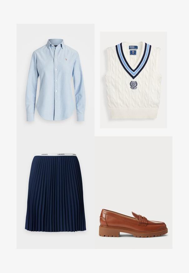 Biely pletený bezrukávový sveter bez rukávov s modrým pruhovaným výstrihom do V a logom Polo Ralph Lauren Wimbledon na hrudi.; Svetlomodrá košeľa s dlhými rukávmi, gombíkmi, golierom a malým vyšívaným logom na ľavej strane hrude.; Námornícky plisovaný sukňa s textúrovaným dizajnom, elastickým pásom s logom "LACOSTE" a hladkou tkaninou.; Hnedé kožené mokasíny s dizajnom špičky v štýle mokasín, viditeľným šitím a hrubou, textúrovanou gumenou podrážkou. Doplnené zlatými kovovými detailmi.
