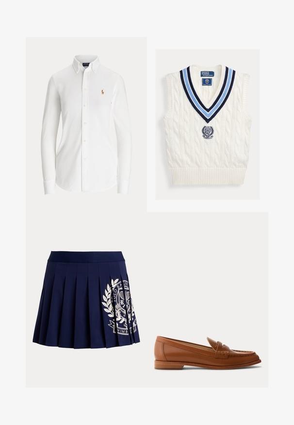 Hvid kabelstrikket ærmeløs sweatervest med blåstribet V-hals og Polo Ralph Lauren Wimbledon-logo på brystet.; Hvid skjorte med lange ærmer og knapper, med knaplukket krave og lille broderet polo-spillerlogo på brystet.; Marineblå plisseret nederdel med bred linning og hvid tennisinspireret logo på nederste højre side.; Brun læderloafer med lavt træsål, klassisk penny-rem og syet detalje langs tå og sider.