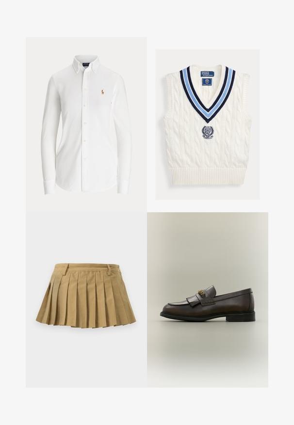 Hvid kabelstrikket ærmeløs sweatervest med blåstribet V-hals og Polo Ralph Lauren Wimbledon-logo på brystet.; Hvid skjorte med lange ærmer og knapper, med knaplukket krave og lille broderet polo-spillerlogo på brystet.; Plisseret nederdel i sandfarvet stof med en tætsiddende talje, flere plisseringer og en lige nederste kant. Ingen synlige lukninger eller detaljer.; Mørkebrun læderloafer med frynser og guldbeslag på sort sål, vist fra siden på en neutral baggrund.