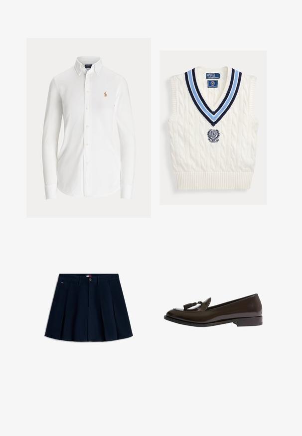 Chaleco sin mangas blanco de punto con cuello en V a rayas azules y logotipo de Polo Ralph Lauren Wimbledon en el pecho.; Camisa blanca de manga larga con botones, cuello abotonado y pequeño logo bordado de jugador de polo en el pecho.; Minifalda plisada de color azul marino con botones frontales y cremallera, trabillas para cinturón, bolsillos laterales y pequeño logo en la cadera izquierda.; Scarosso SIENNA RIGHT - Zapatos sin cordones - brown brushed calf