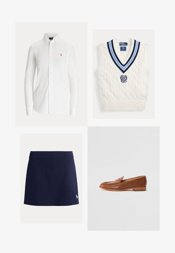 Biely pletený bezrukávový sveter bez rukávov s modrým pruhovaným výstrihom do V a logom Polo Ralph Lauren Wimbledon na hrudi.; Biela košeľa s dlhým rukávom zapínaná na gombíky, golierom na gombíky a malým vyšitým logom hráča póla na hrudi.; Tmavomodrá skortová sukňa vyrobená z elastickej tkaniny, s širokým pásom a malým bielym logom koňa na spodnej ľavej strane.; Lauren Ralph Lauren WYNNIE - Našuchovačky - deep saddle tan