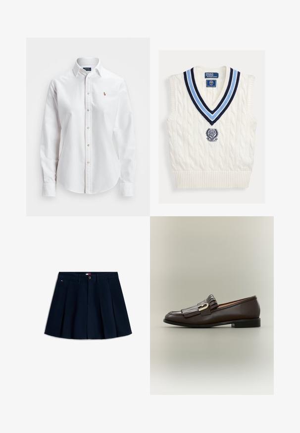Biely pletený bezrukávový sveter bez rukávov s modrým pruhovaným výstrihom do V a logom Polo Ralph Lauren Wimbledon na hrudi.; Biela košeľa s dlhými rukávmi a gombíkmi vyrobená z bavlny, s klasickým golierom a malým vyšitým logom na hrudi.; Tmavomodrá plisovaná mini sukňa s prednými gombíkmi a zipsom, pútkami na opasok, bočnými vreckami a malým logom na ľavom bedro.; Tmavohnedý kožený mokasín s detailom strapcov a zlatou prackou na neutrálneho pozadí, bočný pohľad.