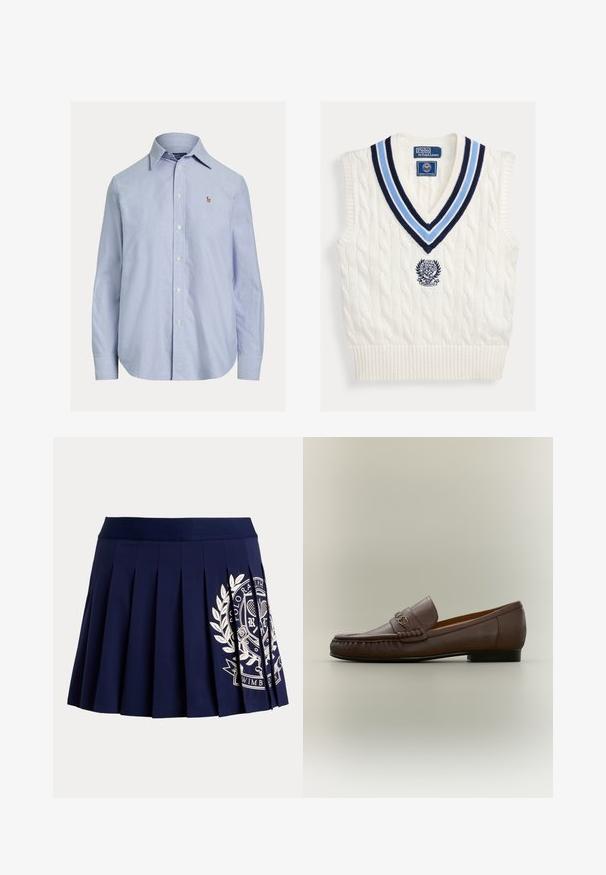 Weißes ärmelloses Strickwest mit Kabelmuster, blau gestreifter V-Ausschnitt und Polo Ralph Lauren Wimbledon-Logo auf der Brust.; Hellblaues, langärmliges Hemd mit Knopfleiste, spitzem Kragen und kleinem gesticktem Logo auf der linken Brust.; Marineblauer plissierter Rock mit breitem Bund und weißem Tennis-Wappen-Logo auf der unteren rechten Seite.; Brauner Lederloafer mit einem Metallbitsdetail vorne und niedrigem schwarzen Absatz, seitlich auf neutralem Hintergrund dargestellt.
