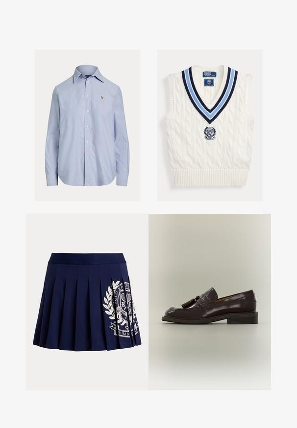 Valge soonikkoes varrukateta kampsunisärk sinise triibulise V-kaeluse ja rinnal asuva Polo Ralph Laureni Wimbledon'i logoga.; Hele sinine pikkade varrukatega nööbitav särk, terava kraega ja väikese tikitud logoga vasakul rinnal.; Tumesinine voltidega seelik laia vöökohaga ja valge tenniseteemalise vapilogo paremal allosas.; Tumepruun nahast loafer tutidega, madala kannaga ja õmmeldud tallaga, esitatud küljelt neutraalsel taustal.