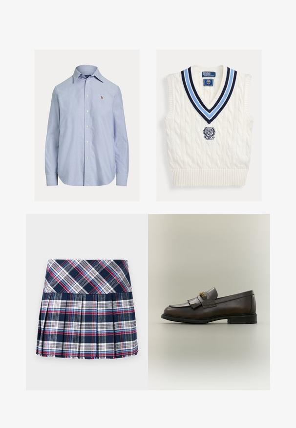 Wit kabelgebreid mouwloos trui-vest met blauw gestreepte V-hals en Polo Ralph Lauren Wimbledon-logo op de borst.; Lichtblauw overhemd met lange mouwen en knopen, met puntige kraag en klein geborduurd logo op de linkerborst.; Marineblauwe geruite rok met een mix van rode en witte lijnen, geplooid ontwerp, een effen tailleband en een rafelige zoom voor extra textuur.; Donkerbruine leren loafer met franjes en gouden gesp op zwarte zool, gezien van opzij tegen een neutrale achtergrond.