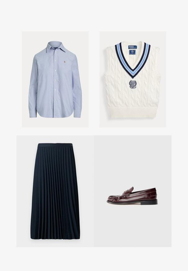 Biely pletený bezrukávový sveter bez rukávov s modrým pruhovaným výstrihom do V a logom Polo Ralph Lauren Wimbledon na hrudi.; Svetlomodrá košeľa s dlhým rukávom na gombíky, so špicatým golierom a malým vyšitým logom na ľavej strane hrude.; Plisovaná námornícka sukňa s textúrovaným pásom, vyrobená z hladkej látky, s rovnomerne umiestnenými vertikálnymi plisami a dĺžkou po polovicu lýtok.; Bordová kožená pánska poltopánka s čiernou podrážkou a zlatým kovovým detailom na priehlavku, zobrazená v bočnom pohľade na bielom pozadí.