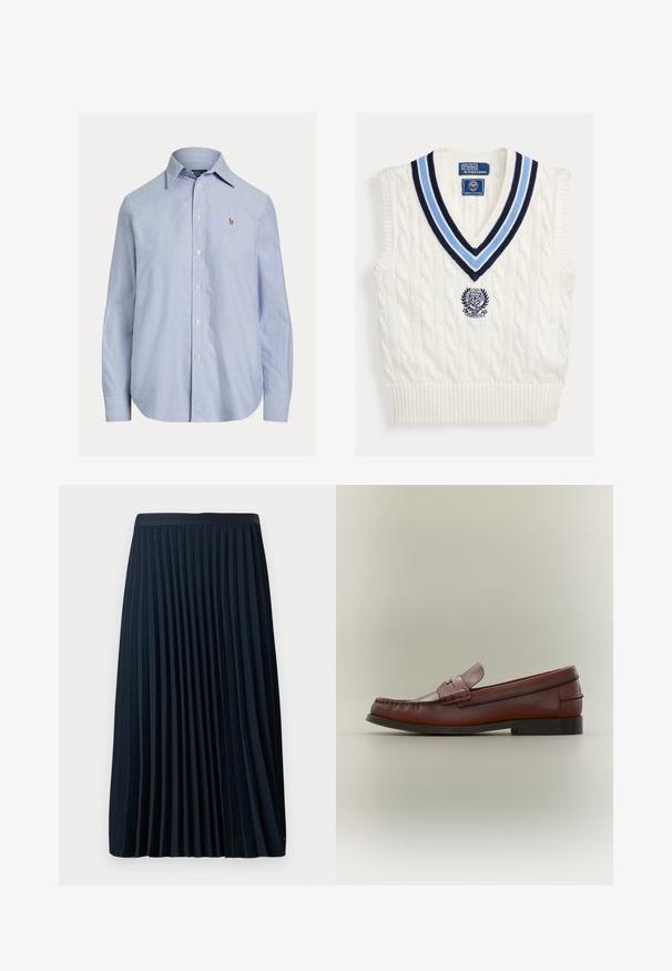Weißes ärmelloses Strickwest mit Kabelmuster, blau gestreifter V-Ausschnitt und Polo Ralph Lauren Wimbledon-Logo auf der Brust.; Hellblaues, langärmliges Hemd mit Knopfleiste, spitzem Kragen und kleinem gesticktem Logo auf der linken Brust.; Faltenrock in Marineblau mit einem strukturierten Bund, aus einem glatten Stoff gefertigt, mit gleichmäßig verteilten vertikalen Falten und einem Design in Wadenlänge.; Brauner Herren-Loafer aus Leder mit schwarzer Sohle und dekorativem Riemendetail, seitlich auf neutralem Hintergrund dargestellt.