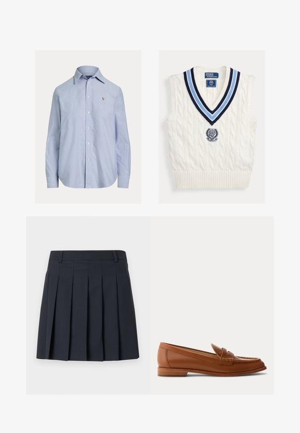Valge soonikkoes varrukateta kampsunisärk sinise triibulise V-kaeluse ja rinnal asuva Polo Ralph Laureni Wimbledon'i logoga.; Hele sinine pikkade varrukatega nööbitav särk, terava kraega ja väikese tikitud logoga vasakul rinnal.; Tumesinist värvi voltidega seelik, millel on lame vöökoht, valmistatud siledast kangast. Omaduseks mitu vertikaalset voltimist ja kohandatud disain.; Pruun nahast loafer madala puidust kandiga, klassikalise mündirihmaga ja tikkimisdetailidega varba ja külgede ääres.