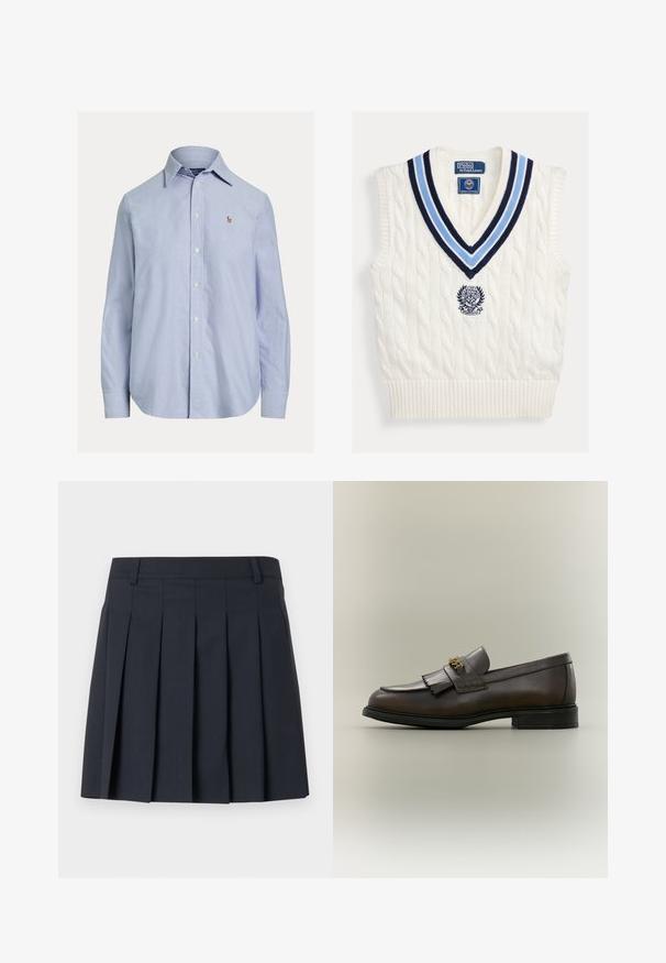 Valge soonikkoes varrukateta kampsunisärk sinise triibulise V-kaeluse ja rinnal asuva Polo Ralph Laureni Wimbledon'i logoga.; Hele sinine pikkade varrukatega nööbitav särk, terava kraega ja väikese tikitud logoga vasakul rinnal.; Tumesinist värvi voltidega seelik, millel on lame vöökoht, valmistatud siledast kangast. Omaduseks mitu vertikaalset voltimist ja kohandatud disain.; Tumepruun nahast loafers palmikutega ja kuldse pandlaga musta tallaga, näidatud küljelt neutraalsel taustal.
