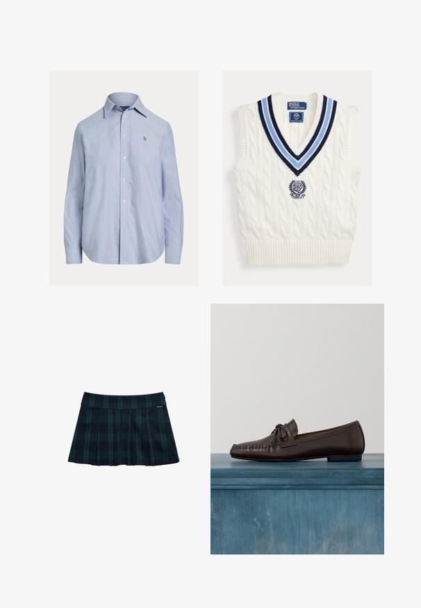 Wit kabelgebreid mouwloos trui-vest met blauw gestreepte V-hals en Polo Ralph Lauren Wimbledon-logo op de borst.; Lichtblauw overhemd met lange mouwen en knopen, met puntige kraag en klein geborduurd logo op de linkerborst.; Geruite geplooide rok in donkergroen en marineblauw met een gladde tailleband en logodetail. Heeft een klassiek, gelaagd plooidesign.; Bruine leren loafers met een ronde neus, strikdetail en sierstiksels langs de wreef. Platte zwarte rubberen zool.