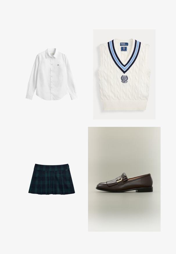 Hvid kabelstrikket ærmeløs sweatervest med blåstribet V-hals og Polo Ralph Lauren Wimbledon-logo på brystet.; Hvid skjorte med lange ærmer og knapper lavet af stof med en let tekstur. Har en frontlomme med en lille broderet logo og en klassisk krave.; Rynket nederdel med tern i mørkegrøn og marineblå med en glat talje og logo-accent. Har et klassisk, lagdelt rynkedesign.; Mørkebrune læderloafer med frynsedetalje og guldbeslag på en neutral baggrund, sidevisning.